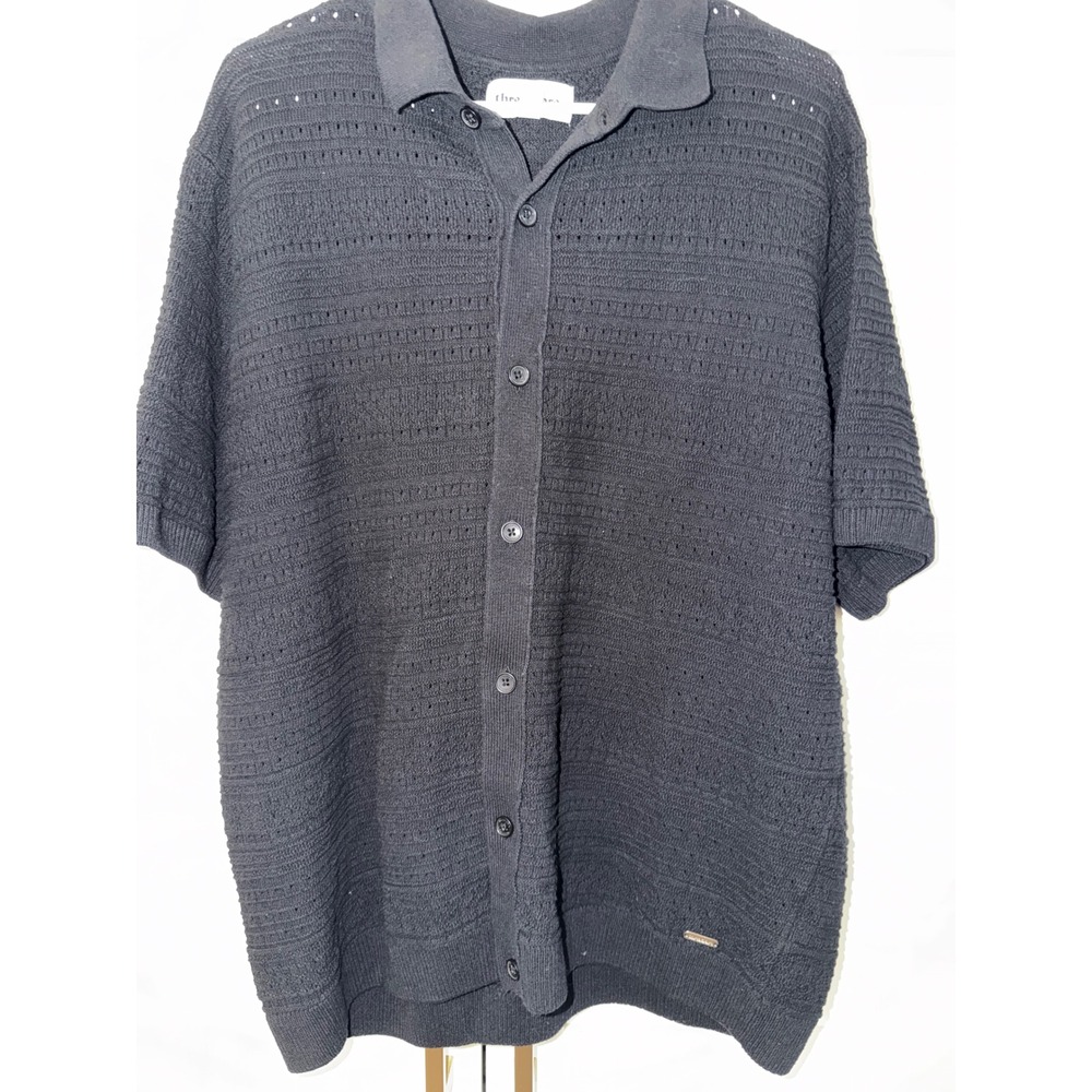 Threadbare Mens 2XL Navy Textured Knit Short Sleeve Button Down Polo Shirt